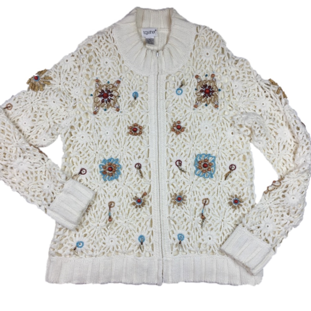 Together Boho Beaded Sweater Open Knit Front Zips